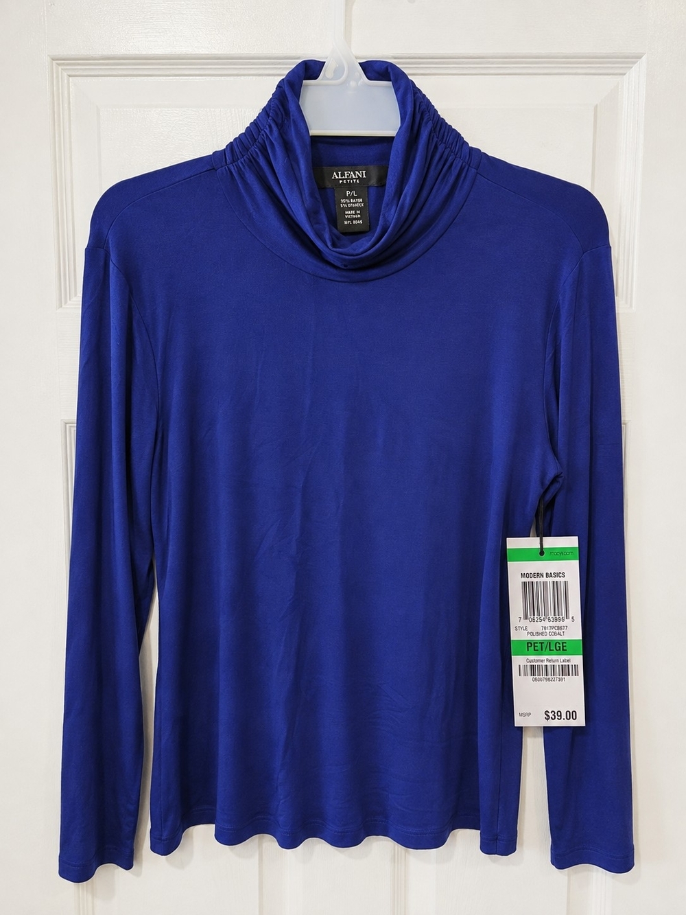 Alfani Petite Polished Cobalt Ruched Cowl Neck Top P/L NWT